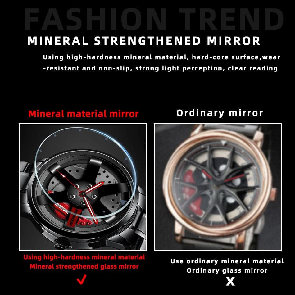 Car Wheel Watch, Stainless Steel Mens Wristwatch with Spinning Car Rim Hub Design, Japanese Quartz Movement, Water Resistant, Scratch Resistant Gifts for Car Enthusiasts