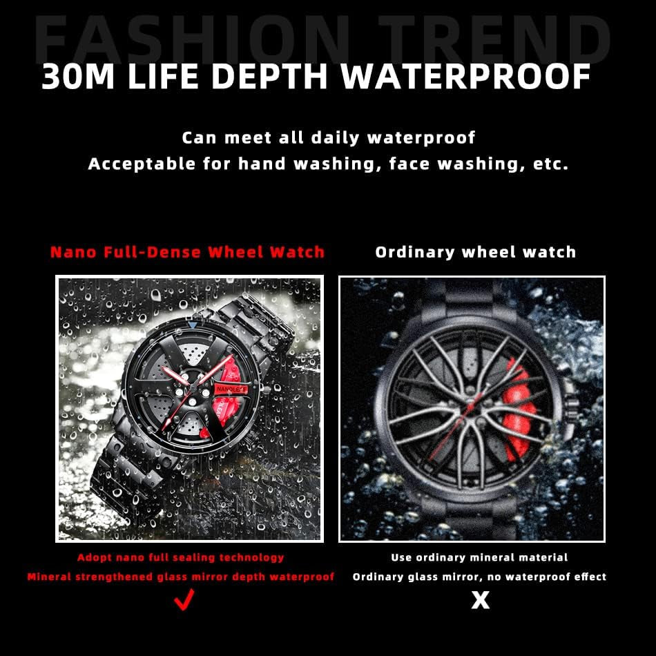 Car Wheel Watch, Stainless Steel Mens Wristwatch with Spinning Car Rim Hub Design, Japanese Quartz Movement, Water Resistant, Scratch Resistant Gifts for Car Enthusiasts