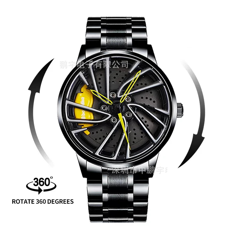 2025 New 3D Real Man Waterproof Rotate Quartz Watches Super Car Rim Spinning Men'S Sports 360 Wheel Wristwatch for Men Clock