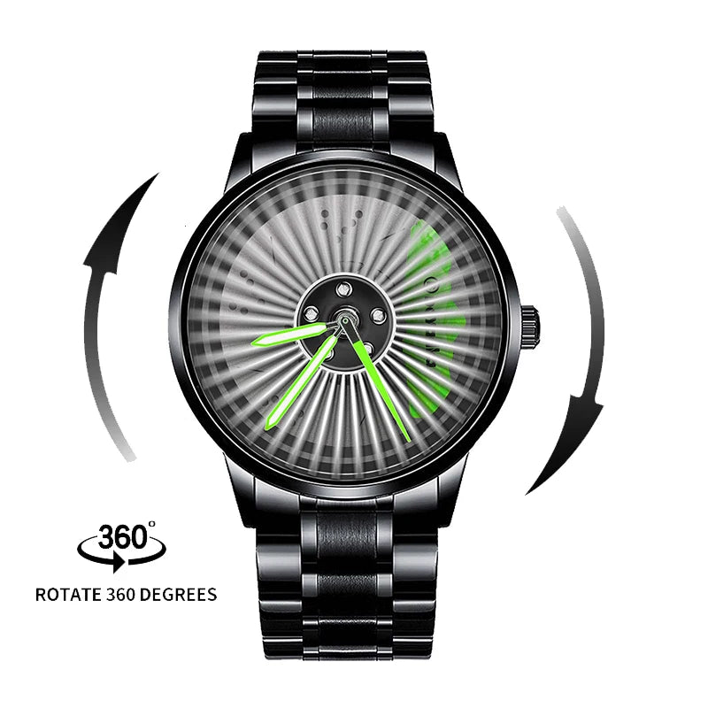 2025 New 3D Real Man Waterproof Rotate Quartz Watches Super Car Rim Spinning Men'S Sports 360 Wheel Wristwatch for Men Clock
