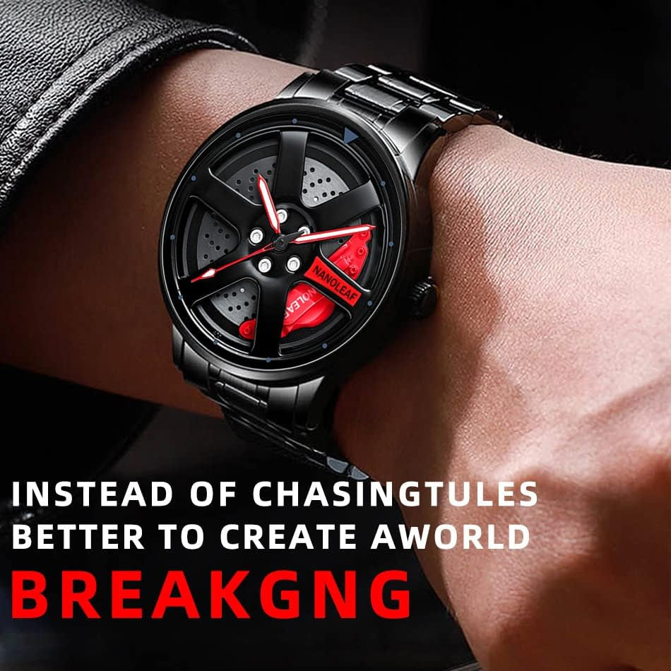 Car Wheel Watch, Stainless Steel Mens Wristwatch with Spinning Car Rim Hub Design, Japanese Quartz Movement, Water Resistant, Scratch Resistant Gifts for Car Enthusiasts