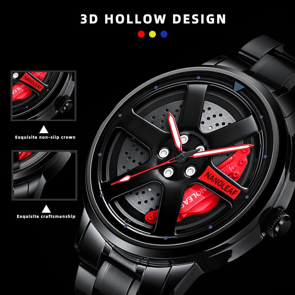 Car Wheel Watch, Stainless Steel Mens Wristwatch with Spinning Car Rim Hub Design, Japanese Quartz Movement, Water Resistant, Scratch Resistant Gifts for Car Enthusiasts