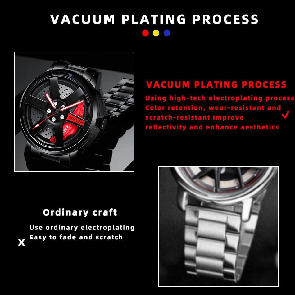 Car Wheel Watch, Stainless Steel Mens Wristwatch with Spinning Car Rim Hub Design, Japanese Quartz Movement, Water Resistant, Scratch Resistant Gifts for Car Enthusiasts