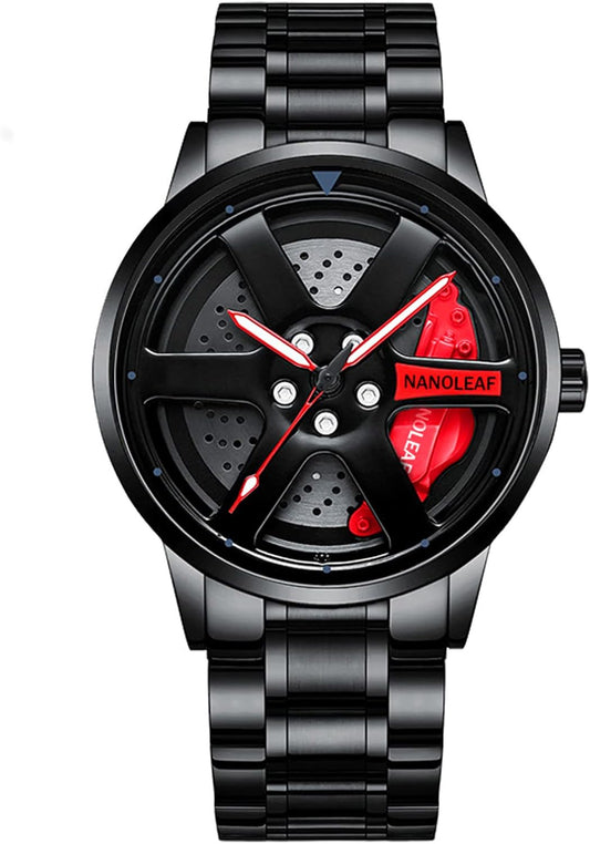 Car Wheel Watch, Stainless Steel Mens Wristwatch with Spinning Car Rim Hub Design, Japanese Quartz Movement, Water Resistant, Scratch Resistant Gifts for Car Enthusiasts