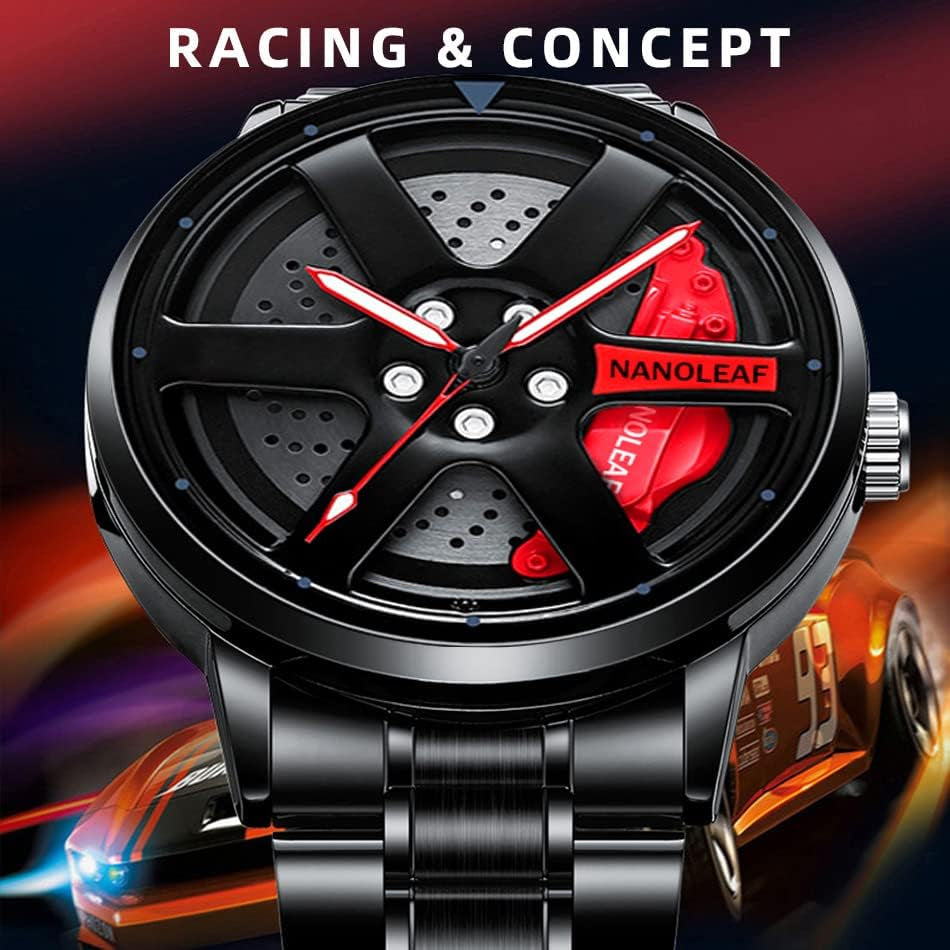 Car Wheel Watch, Stainless Steel Mens Wristwatch with Spinning Car Rim Hub Design, Japanese Quartz Movement, Water Resistant, Scratch Resistant Gifts for Car Enthusiasts