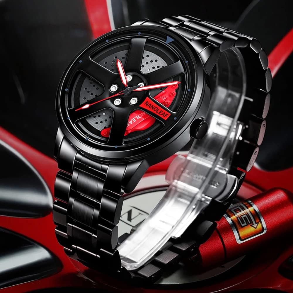 Car Wheel Watch, Stainless Steel Mens Wristwatch with Spinning Car Rim Hub Design, Japanese Quartz Movement, Water Resistant, Scratch Resistant Gifts for Car Enthusiasts