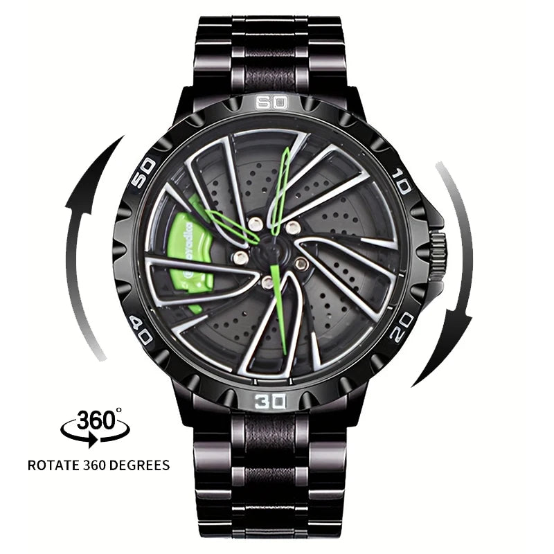 2025 New 3D Real Man Waterproof Rotate Quartz Watches Super Car Rim Spinning Men'S Sports 360 Wheel Wristwatch for Men Clock