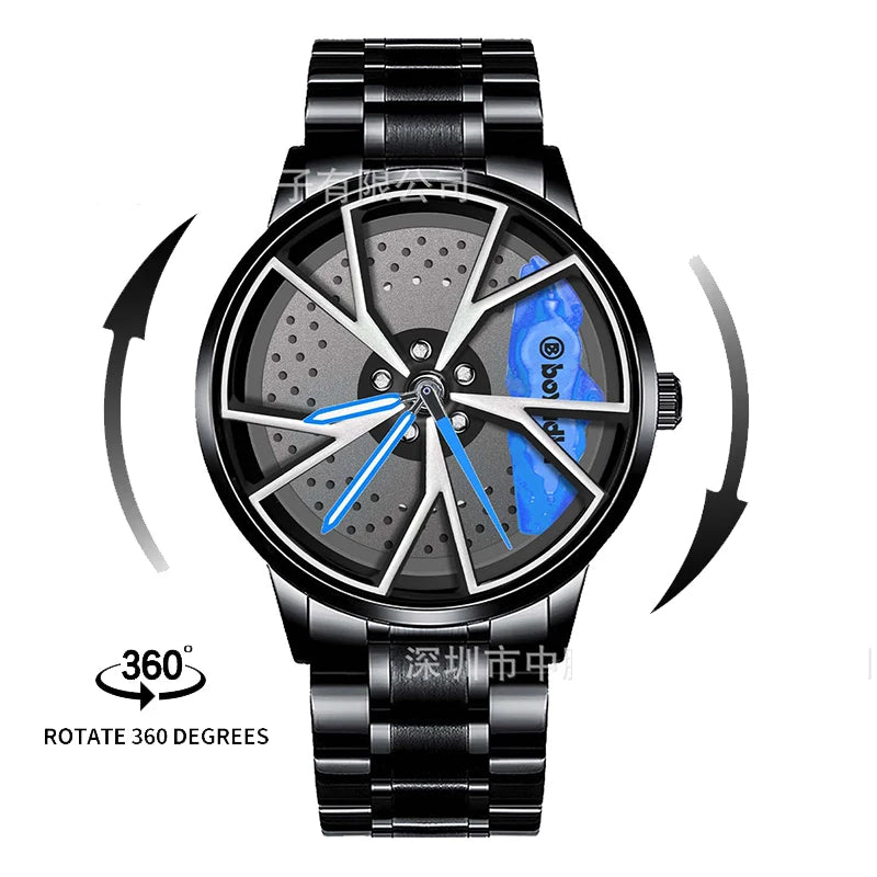 2025 New 3D Real Man Waterproof Rotate Quartz Watches Super Car Rim Spinning Men'S Sports 360 Wheel Wristwatch for Men Clock
