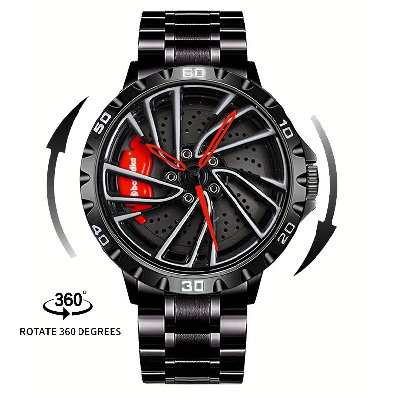 2025 New 3D Real Man Waterproof Rotate Quartz Watches Super Car Rim Spinning Men'S Sports 360 Wheel Wristwatch for Men Clock