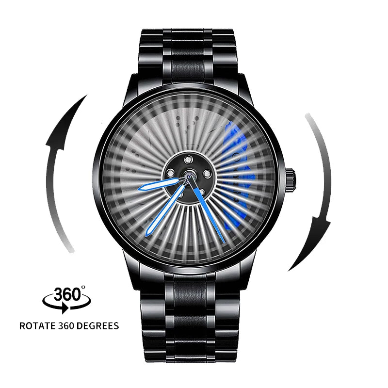 2025 New 3D Real Man Waterproof Rotate Quartz Watches Super Car Rim Spinning Men'S Sports 360 Wheel Wristwatch for Men Clock