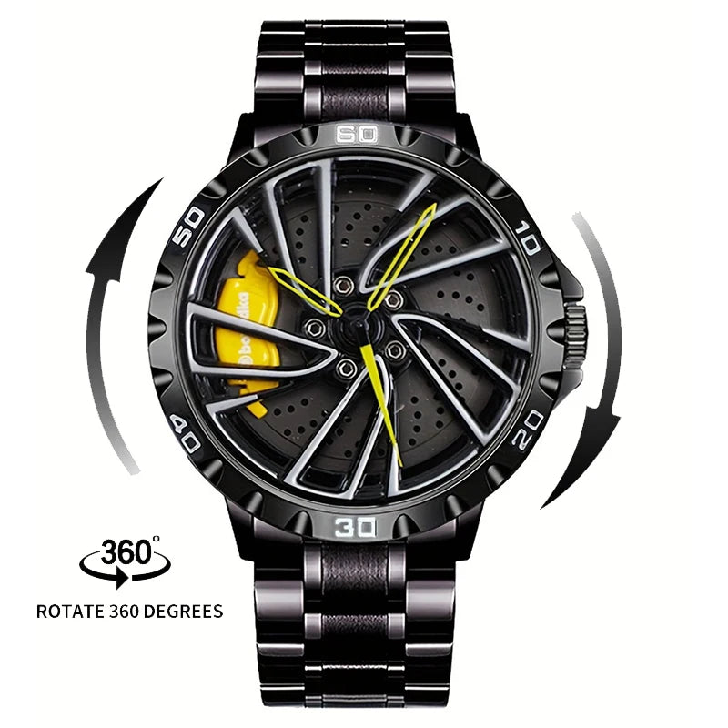 2025 New 3D Real Man Waterproof Rotate Quartz Watches Super Car Rim Spinning Men'S Sports 360 Wheel Wristwatch for Men Clock