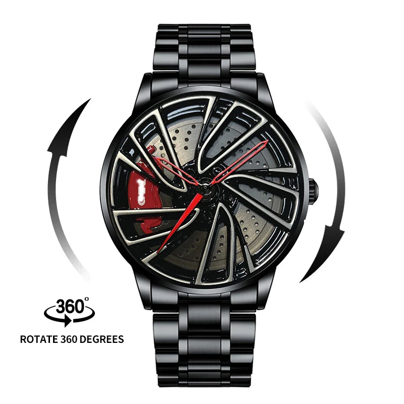 2025 New 3D Real Man Waterproof Rotate Quartz Watches Super Car Rim Spinning Men'S Sports 360 Wheel Wristwatch for Men Clock