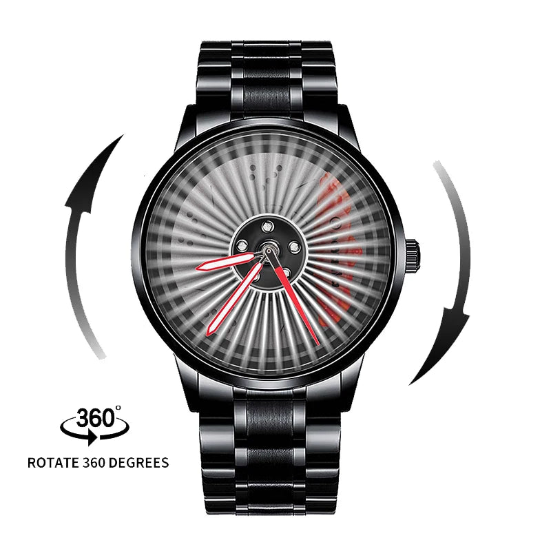 2025 New 3D Real Man Waterproof Rotate Quartz Watches Super Car Rim Spinning Men'S Sports 360 Wheel Wristwatch for Men Clock