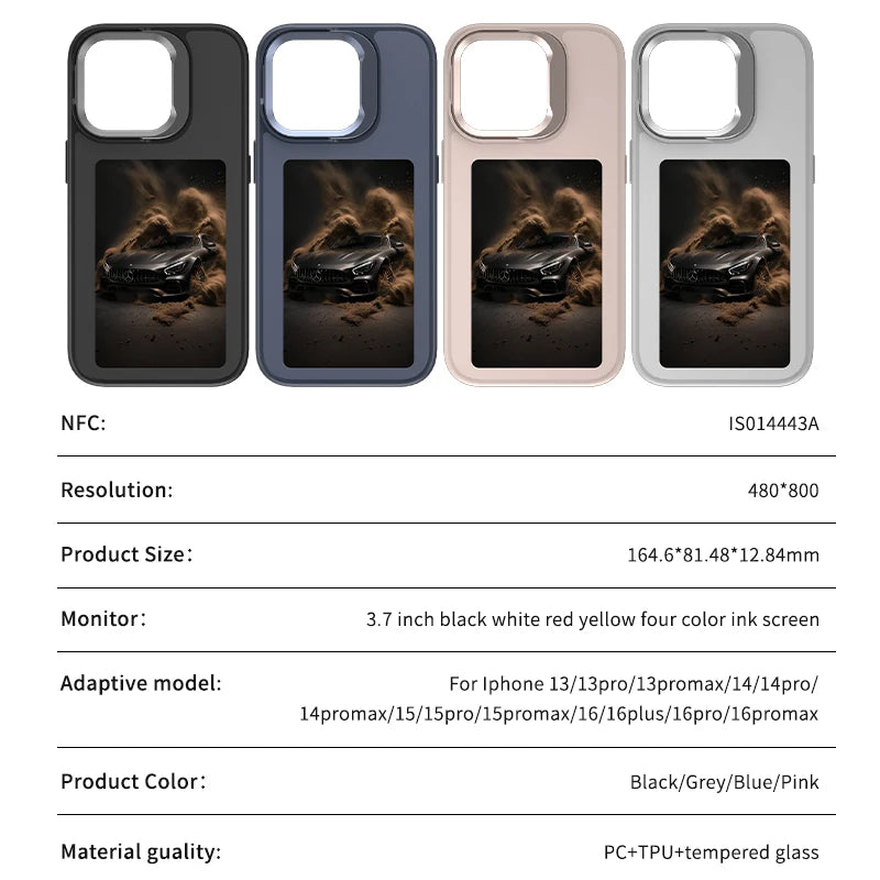 New E Ink 4.0 Inch Screen Digital Case for Iphone 16 16E 15 14 13Pro Max NFC Photo Custom Funda Mobile Back Cover with Bracket